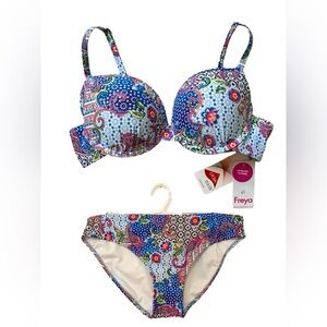 Freya Swimwear Underwired Moulded Plunge Bikini Top Sz 32D & Bottom Smal…
